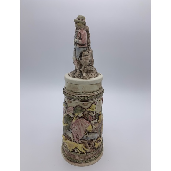 Vintage Ceramic Relief Pub Scene Hunter/Dog with 3D Lid- Beer Stein, Signed Kim - Picture 6 of 12